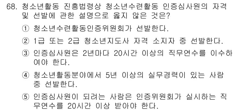 청소년상담사_3급(2교시)(구) 2023년 68번 - 청소년활동인증위원회에 따르면, 인증사원이 20년 이상의 직무경력을 요구받... 에 관한 핵심 기출문제