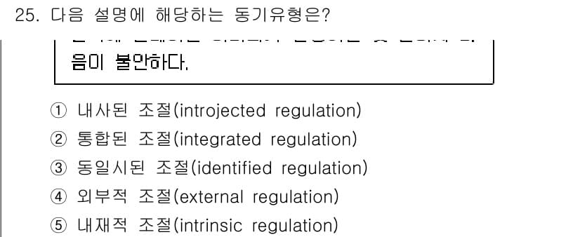 청소년상담사_3급(2교시) 2023년 25번 - . 내사된 조절 (introjected regulation)  
정의문에... 에 관한 핵심 기출문제