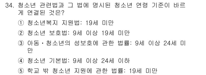 청소년상담사_3급(2교시) 2023년 34번 - 청소년 기본법에 따르면 청소년의 정의는 9세 이상 24세 미만으로 규정되... 에 관한 핵심 기출문제