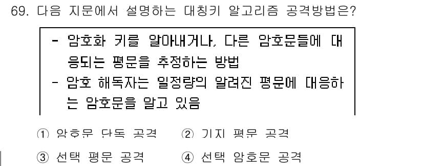 정보보안기사 2019년 69번 - 대칭 알고리즘은 동일한 키를 사용하여 암호화와 복호화를 수행하기 때문에 ... 에 관한 핵심 기출문제