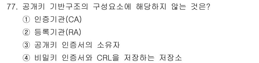 정보보안기사 2019년 77번 - 공개키 기반구조(PKI)의 구성 요소에는 인증기관(CA)과 등록기관(RA... 에 관한 핵심 기출문제