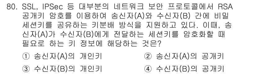 정보보안기사 2019년 80번 - RSA 암호화에서 송신자(A)와 수신자(B) 간의 비밀 키 공유는 송신자... 에 관한 핵심 기출문제