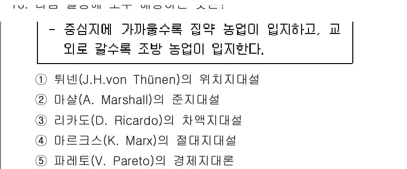 공인중개사_1차 2022년 13번 - 정답은 1번 튀넨(J.H. von Thünen)의 위치이론입니다. 이 이... 에 관한 핵심 기출문제