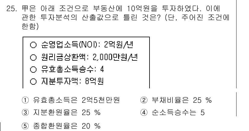 공인중개사_1차 2023년 25번 - 10억 원의 부동산 투자에 대해 유효소득비율이 4로 적용되므로, 실질 투... 에 관한 핵심 기출문제