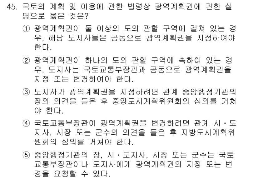 공인중개사_2차 2022년 45번 - 광역계획권은 특정 지역에 대한 종합적인 공간계획을 수립하기 위해 설정된다... 에 관한 핵심 기출문제
