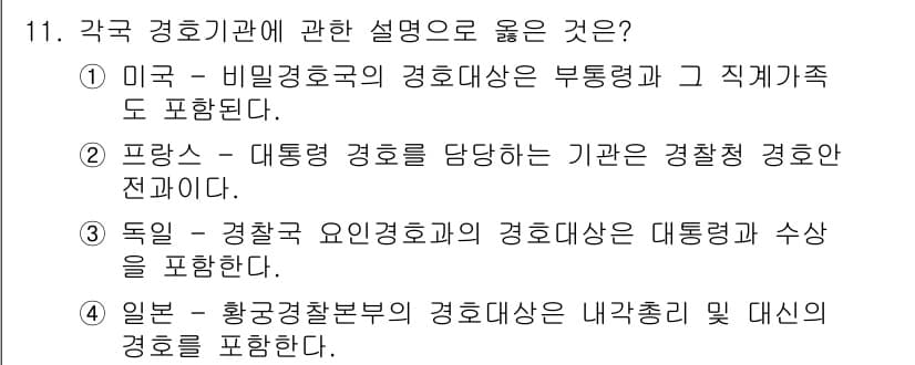경비지도사_2차(경호학) 2023년 11번 - 정답과 핵심 포인트를 검수 중인 기출문제