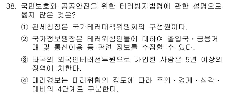 경비지도사_2차(경호학) 2023년 38번 - 테러대응의 정도에 관한 주, 경계, 심각, 대비는 4단계로 구분되지만, ... 에 관한 핵심 기출문제