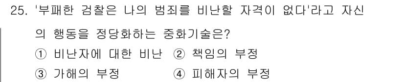 경비지도사_2차(범죄학) 2023년 25번 - . 

"부정한 감찰은 나의 범죄를 비난할 자격이 없다"는 주장으로, 이... 에 관한 핵심 기출문제