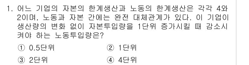 9급_국가직_공무원_경제학개론 2023년 1번 - 노동과 자본의 한계생산성이 동일할 때, 자본투입량이 1단위 증가하면 노동... 에 관한 핵심 기출문제
