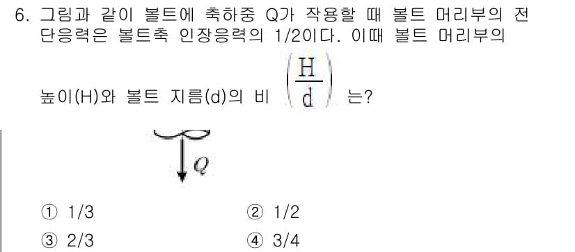9급_국가직_공무원_기계설계 2023년 6번 - 문제에서 주어진 조건에 따르면, 볼트 머리부의 전단응력은 볼트 축 인장응... 에 관한 핵심 기출문제