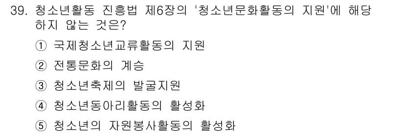 청소년상담사_1급(1교시)(구) 2023년 39번 - 청소년활동 진흥법 제6장에 따르면 '청소년문화활동의 지원'은 다양한 청소... 에 관한 핵심 기출문제