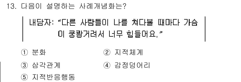 청소년상담사_1급(1교시) 2023년 13번 - 주어진 문장은 다른 사람들의 시선이나 평가로 인해 힘들어하는 감정을 표현... 에 관한 핵심 기출문제