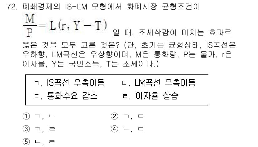 감정평가사_1차_1교시(구) 2023년 72번 - IS-LM 모형에서 화폐시장 균형조건은 LM 곡선에 의해 설명된다. LM... 에 관한 핵심 기출문제