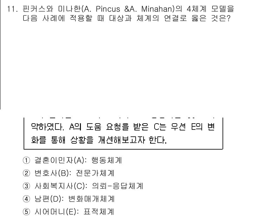 사회복지사_1급(2교시) 2024년 11번 - 피너스와 미나한의 모델에서는 사회복지사가 클라이언트의 결혼이민자(A) 문... 에 관한 핵심 기출문제