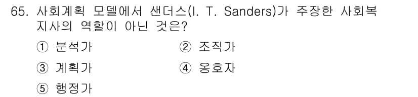 사회복지사_1급(2교시) 2024년 65번 - 정답은 4번 '옹호자'입니다. I.T. Sanders의 사회복지 모델에서... 에 관한 핵심 기출문제