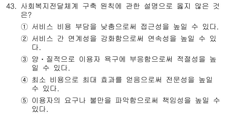 사회복지사_1급(3교시)(구) 2024년 43번 - 정답과 핵심 포인트를 검수 중인 기출문제
