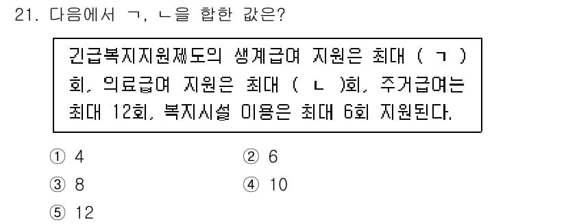 사회복지사_1급(3교시) 2024년 21번 - 긴급복지 지원의 생계급여 지원은 최대 1회, 의료급여 지원은 최대 1회,... 에 관한 핵심 기출문제