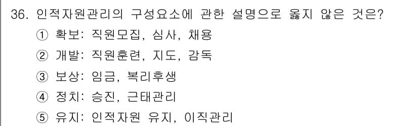 사회복지사_1급(3교시) 2024년 36번 - 인적자원 관리의 구성 요소 설명 중 "정치: 승진, 근대관리"는 부적절합... 에 관한 핵심 기출문제