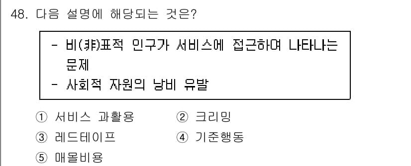 사회복지사_1급(3교시) 2024년 48번 - . 

해설: 비(非)표적 인구가 서비스에 접근하며 나타나는 문제는 서비... 에 관한 핵심 기출문제