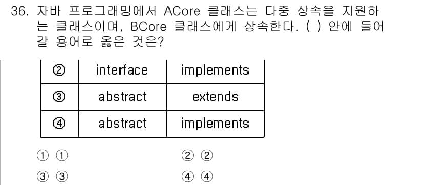 소방공무원(경력)_컴퓨터일반 2023년 36번 - . 'implements'는 ACore 클래스가 BCore 인터페이스를 ... 에 관한 핵심 기출문제