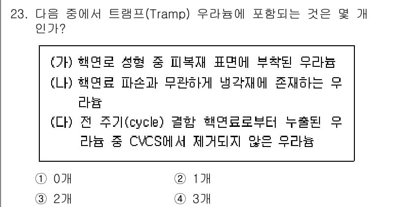 원자력기사 2023년 23번 - 문제에서 언급된 트램프(Tramp) 우라늄은 원자로에서 사용하는 우라늄과... 에 관한 핵심 기출문제