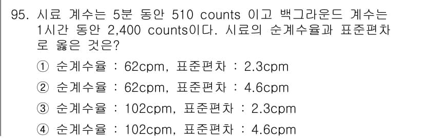 원자력기사 2023년 95번 - 주어진 자료에서 순계수율과 배경 카운트를 바탕으로 순계수율을 계산하면, ... 에 관한 핵심 기출문제