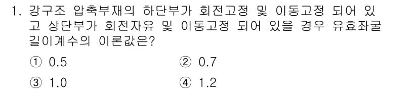 9급_국가직_공무원_건축구조 2024년 1번 - 주어진 조건에서 하단부와 상단부의 이동과 관련하여 강구조 압축부재의 유효... 에 관한 핵심 기출문제