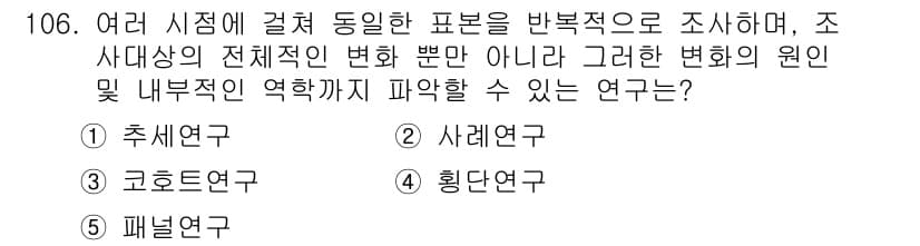 경영지도사_1차_1교시 2024년 106번 - . 패널연구  

패널연구는 동일한 표본을 반복적으로 조사하여 시간에 따... 에 관한 핵심 기출문제