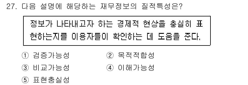 경영지도사_1차_1교시 2024년 27번 - . 

재무정보의 질적특성 중 정보가 경제적 현상을 실질적으로 표현해야 ... 에 관한 핵심 기출문제