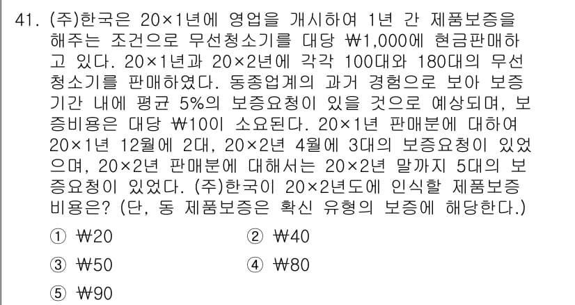 경영지도사_1차_2교시(구) 2024년 41번 - 주식회사는 20x1년 1월 제품 보증을 제공하며, 20x1년 1월부터 2... 에 관한 핵심 기출문제