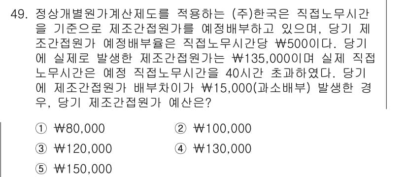 경영지도사_1차_2교시(구) 2024년 49번 - 정답인 2번은 당기 제조간접비 예산 배부기준이 실제 발생한 제직급여를 기... 에 관한 핵심 기출문제