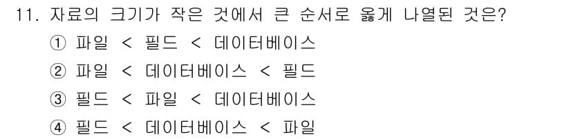 소방공무원(경력)_컴퓨터일반 2024년 11번 - 컴퓨터에서 데이터의 크기는 일반적으로 필드(단일 데이터)를 포함하는 파일... 에 관한 핵심 기출문제