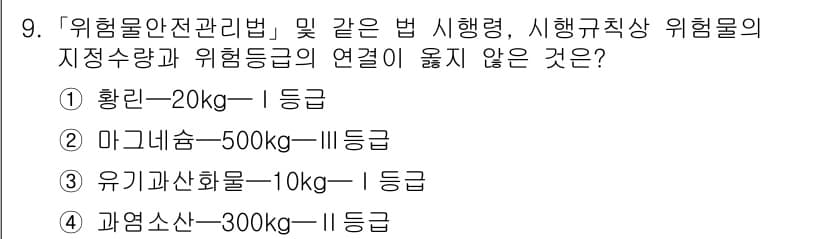 소방공무원(공개,경력)_소방학개론 2024년 9번 - 위험물안전관리법에 따르면, 위험물의 종류에 따라 등급이 매겨지며, 지정수... 에 관한 핵심 기출문제