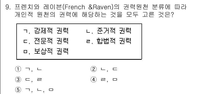공인노무사_1차(경영학개론) 2019년 9번 - 정답은 2번, 준거적 권력입니다. 프렌치와 레이븐의 권력원천 분류에서 준... 에 관한 핵심 기출문제