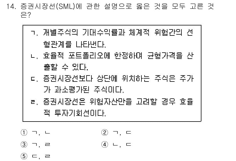 공인노무사_1차(경영학개론)(구) 2022년 14번 - 증권시장선(SML)은 자산의 기대 수익률과 위험(베타)의 관계를 나타내며... 에 관한 핵심 기출문제
