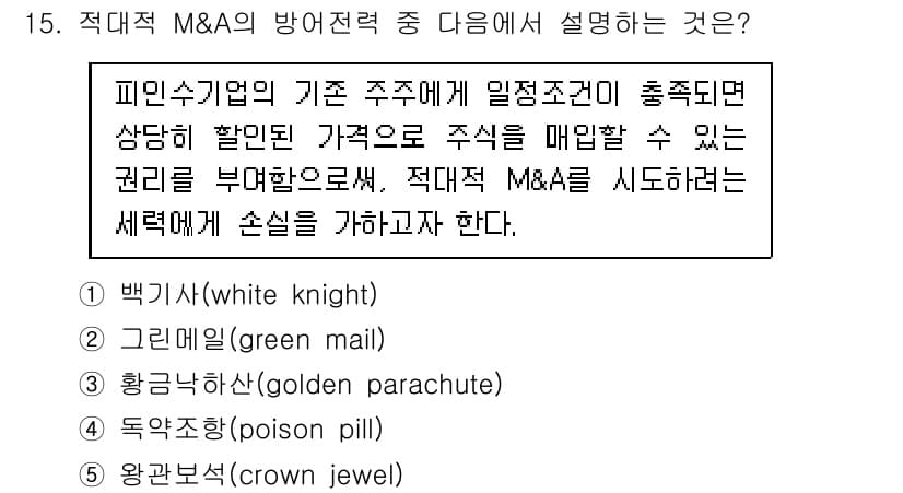 공인노무사_1차(경영학개론)(구) 2023년 15번 - 적대적 M&A의 방어전략 중 '백기사'는 기업 인수자가 hostile할 ... 에 관한 핵심 기출문제