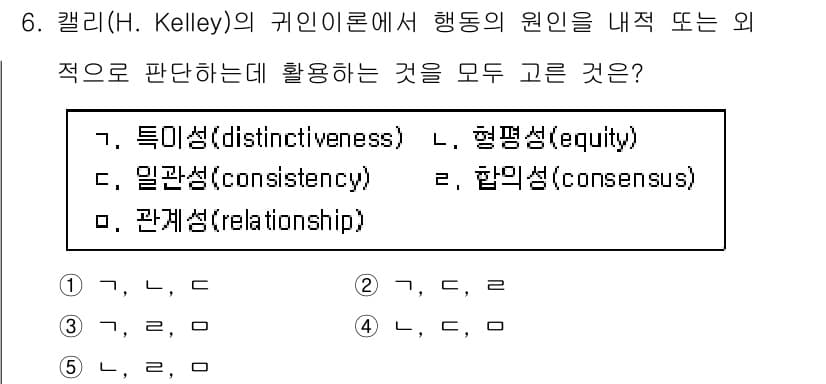 공인노무사_1차(경영학개론) 2023년 6번 - 켈리의 귀인이론에서 행동의 원인을 판단할 때 외적 요인에 기반하여 평가하... 에 관한 핵심 기출문제