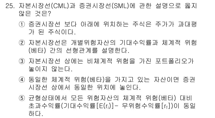 공인노무사_1차(경영학개론) 2024년 25번 - 자본시장선은 자산의 기대수익률과 위험의 관계를 설명하는 반면, 증권시장선... 에 관한 핵심 기출문제