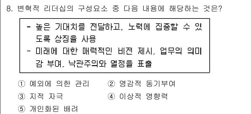 공인노무사_1차(경영학개론) 2024년 8번 - 변혁적 리더십의 구성 요소 중 '미래에 대한 매력적인 비전 제시'는 조직... 에 관한 핵심 기출문제