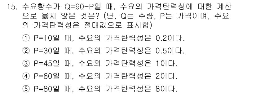 공인노무사_1차(경제학원론) 2015년 15번 - 수요함수 Q=90-P일 때, 가격탄력성을 계산하면, 탄력성은 수요량 변화... 에 관한 핵심 기출문제