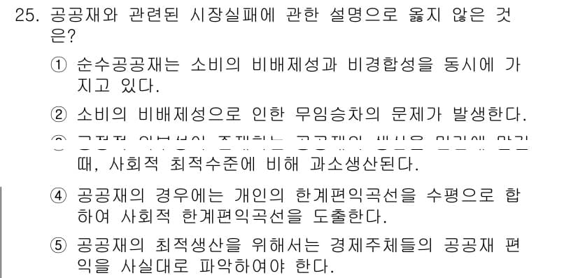 공인노무사_1차(경제학원론) 2015년 25번 - 공공재의 시장실패와 관련된 설명 중 4번은 개인의 한계편익을 수렴하는 것... 에 관한 핵심 기출문제