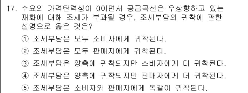 공인노무사_1차(경제학원론)(구) 2017년 17번 - 공급곡선이 우상향할 경우 조세가 부과되면 공급량이 줄어들고 가격이 상승하... 에 관한 핵심 기출문제