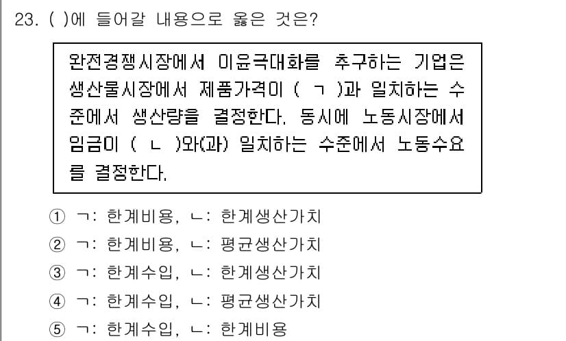 공인노무사_1차(경제학원론) 2019년 23번 - 완전경쟁시장에서는 기업이 시장가격을 수용하는 가격수용자이며, 따라서 한계... 에 관한 핵심 기출문제