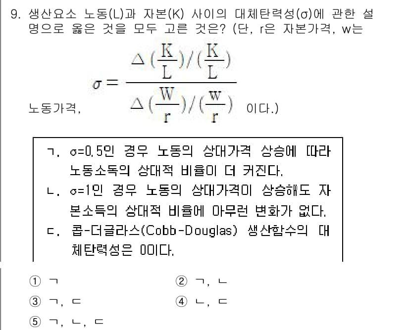 공인노무사_1차(경제학원론)(구) 2023년 9번 - 문제에서 노동(L)과 자본(K) 사이의 대체력 성향을 설명하고 있습니다.... 에 관한 핵심 기출문제