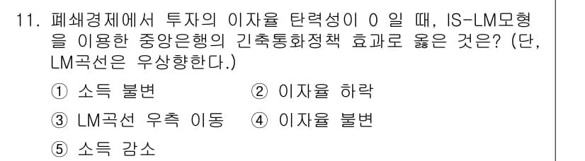 공인노무사_1차(경제학원론) 2023년 11번 - . 

IS-LM 모형에서 투자 이자율 탄력성이 0인 경우, 중앙은행의 ... 에 관한 핵심 기출문제