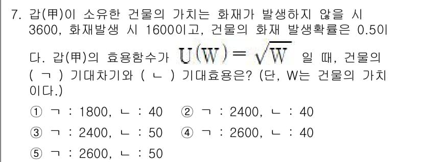 공인노무사_1차(경제학원론) 2023년 7번 - 정답 5번이 맞는 이유는 다음과 같습니다. 건물의 기대가치는 구간의 평균... 에 관한 핵심 기출문제