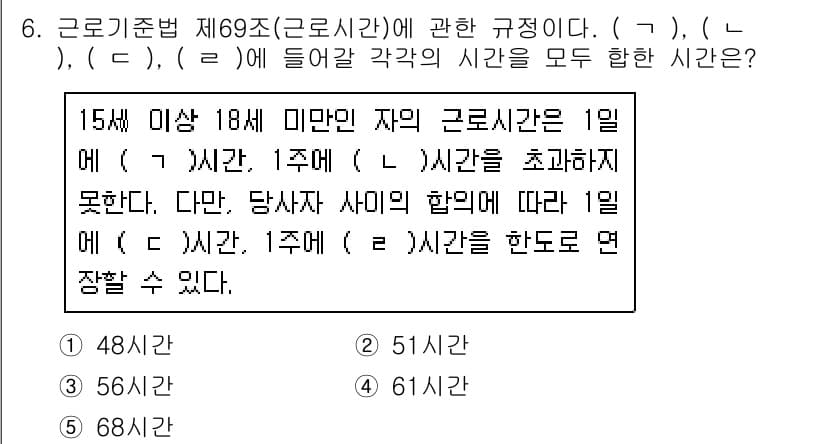 공인노무사_1차(노동법1)(구) 2019년 6번 - 근로기준법 제69조에 따르면 15세 이상 18세 미만의 아동은 1일 7시... 에 관한 핵심 기출문제