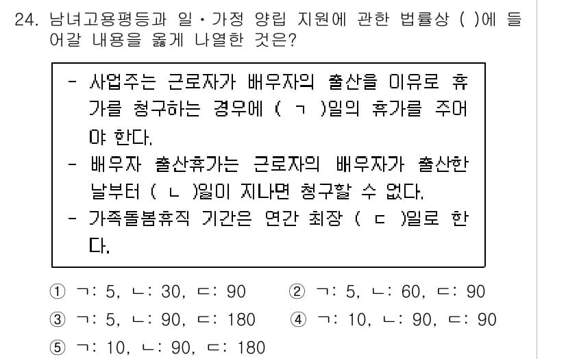 공인노무사_1차(노동법1) 2024년 24번 - 문제에서 언급된 휴가의 경우, 근로자의 출산 및 가족 돌봄과 관련된 법률... 에 관한 핵심 기출문제