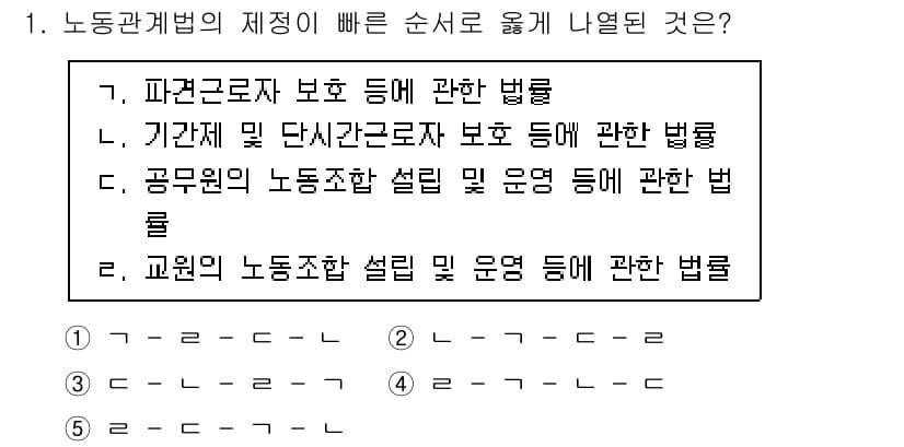 공인노무사_1차(노동법2)(구) 2019년 1번 - 노동관계법의 제정 순서는 파견근로자 보호 관련 법률이 가장 먼저 제정되어... 에 관한 핵심 기출문제