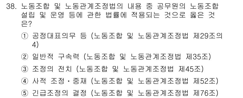 공인노무사_1차(노동법2) 2024년 38번 - . 일반 복직 구조(노동조합 및 노동관계조정법 제34조)는 공공부문 노동... 에 관한 핵심 기출문제